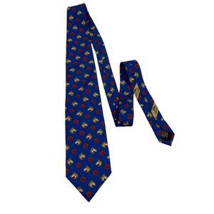 Longchamp Blue Silk Tie with Red and Gold Motif
